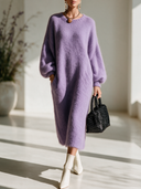 Women's French-style Elegant Light Purple Knit Maxi Dress With A Round Neck And Lantern Sleeves ZMZ2880I2ZYY