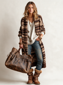 Women's Casual Loose Brown Striped Long Knit Cardigan Coat ZMZ2885I9XT