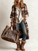 Women's Casual Loose Brown Striped Long Knit Cardigan Coat ZMZ2885I9XT