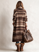 Women's Casual Loose Brown Striped Long Knit Cardigan Coat ZMZ2885I9XT