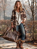 Women's Casual Loose Brown Striped Long Knit Cardigan Coat ZMZ2885I9XT