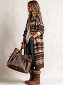 Women's Casual Loose Brown Striped Long Knit Cardigan Coat ZMZ2885I9XT