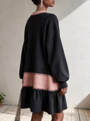 Women's Black And Pink Colorblock Knit Dress With Balloon Sleeves And Gathered Hem ZMZ2986I4YZH