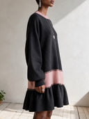 Women's Black And Pink Colorblock Knit Dress With Balloon Sleeves And Gathered Hem ZMZ2986I4YZH