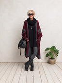 Women's Oversized Burgundy Longline Knit Cardigan With Contrast Trim And Striped Sleeves ZMZ2925I7YZH