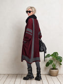 Women's Oversized Burgundy Longline Knit Cardigan With Contrast Trim And Striped Sleeves ZMZ2925I7YZH