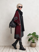 Women's Oversized Burgundy Longline Knit Cardigan With Contrast Trim And Striped Sleeves ZMZ2925I7YZH