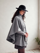Women's Gray Stand-Collar Button-Front Cape Coat With Patch Pockets ZMZ2913I1YZH