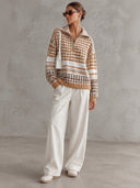 Women's Geometric Knit Half-Zip Sweater With Relaxed Fit And Ribbed Trim ZMZ2901I8YZH