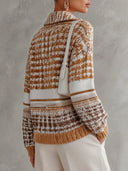 Women's Geometric Knit Half-Zip Sweater With Relaxed Fit And Ribbed Trim ZMZ2901I8YZH