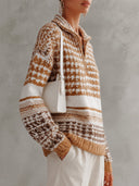 Women's Geometric Knit Half-Zip Sweater With Relaxed Fit And Ribbed Trim ZMZ2901I8YZH