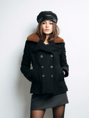 Women's Black Double-Breasted Peacoat With Contrast Brown Teddy Collar ZMZ2945I7YZH