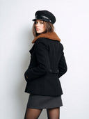 Women's Black Double-Breasted Peacoat With Contrast Brown Teddy Collar ZMZ2945I7YZH