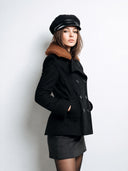 Women's Black Double-Breasted Peacoat With Contrast Brown Teddy Collar ZMZ2945I7YZH