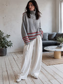 Women's Gray Half-Zip High-Neck Sweater With Red Contrast Stripes ZMZ2999I1YZH