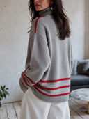 Women's Gray Half-Zip High-Neck Sweater With Red Contrast Stripes ZMZ2999I1YZH