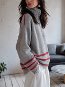 Women's Gray Half-Zip High-Neck Sweater With Red Contrast Stripes ZMZ2999I1YZH