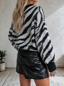 Women's Zebra Pattern Oversized Crewneck Sweater With Contrast Ribbed Cuffs ZMZ2966I3YZH