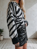 Women's Zebra Pattern Oversized Crewneck Sweater With Contrast Ribbed Cuffs ZMZ2966I3YZH