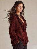 Women's Marled Knit Top For Women, Deep V Neck Ruffle Trim Loose Long Sleeve Boho Blouse ZMZ2441I3YZH