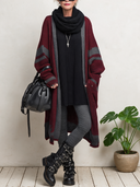 Women's Oversized Burgundy Longline Knit Cardigan With Contrast Trim And Striped Sleeves ZMZ2925I7YZH