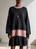 Women's Black And Pink Colorblock Knit Dress With Balloon Sleeves And Gathered Hem ZMZ2986I4YZH