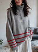 Women's Gray Half-Zip High-Neck Sweater With Red Contrast Stripes ZMZ2999I1YZH