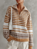 Women's Geometric Knit Half-Zip Sweater With Relaxed Fit And Ribbed Trim ZMZ2901I8YZH