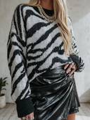 Women's Zebra Pattern Oversized Crewneck Sweater With Contrast Ribbed Cuffs ZMZ2966I3YZH