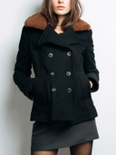 Women's Black Double-Breasted Peacoat With Contrast Brown Teddy Collar ZMZ2945I7YZH
