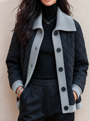 Women's Vintage Casual Diamond-Quilted Panel Knit Jacket With Lapel Collar And Button Front ZMZ2904I7ZJY