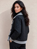 Women's Vintage Casual Diamond-Quilted Panel Knit Jacket With Lapel Collar And Button Front ZMZ2904I7ZJY
