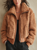 Women's Retro Casual Loose-Fit Zip-Up Jacket With Plush Paneling And Lapel Collar ZMZ2984I6ZJY