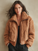 Women's Retro Casual Loose-Fit Zip-Up Jacket With Plush Paneling And Lapel Collar ZMZ2984I6ZJY