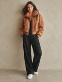 Women's Retro Casual Loose-Fit Zip-Up Jacket With Plush Paneling And Lapel Collar ZMZ2984I6ZJY