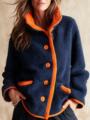 Women's Retro Casual Loose-Fit Jacket With Plush Paneling, Color-Block Design, Lapel Collar, And Button Closure ZMZ2923I9ZJY