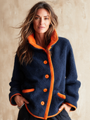 Women's Retro Casual Loose-Fit Jacket With Plush Paneling, Color-Block Design, Lapel Collar, And Button Closure ZMZ2923I9ZJY