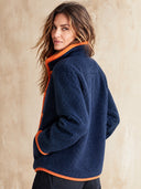 Women's Retro Casual Loose-Fit Jacket With Plush Paneling, Color-Block Design, Lapel Collar, And Button Closure ZMZ2923I9ZJY