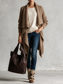 Women's Casual Brown Ribbed Knit Long-sleeved Cardigan Coat ZMZ2851I1XT