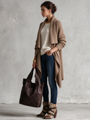 Women's Casual Brown Ribbed Knit Long-sleeved Cardigan Coat ZMZ2851I1XT