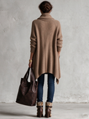 Women's Casual Brown Ribbed Knit Long-sleeved Cardigan Coat ZMZ2851I1XT