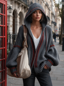 Women's Casual Color-blocked Knit Hooded Zip-up Jacket ZMZ3008I3XT