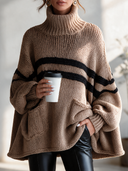 Women's Vintage-Style Elegant Horizontal Stripes And Pockets High-Neck Long-Sleeve Loose Sweater ZMZ3036I6ZYY
