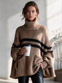 Women's Vintage-Style Elegant Horizontal Stripes And Pockets High-Neck Long-Sleeve Loose Sweater ZMZ3036I6ZYY