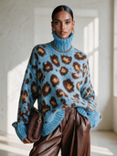 Women's Vintage-Style Elegant High Neck, Long Sleeves, And Leopard Jacquard Pattern Loose-Fit Sweater ZMZ3081I2ZYY