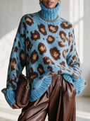 Women's Vintage-Style Elegant High Neck, Long Sleeves, And Leopard Jacquard Pattern Loose-Fit Sweater ZMZ3081I2ZYY