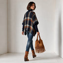Women's Casual Retro Loose Asymmetric-Hem Navy Plaid Cape Sweater (Inner Layer Not Included) ZMZ3020I0XT
