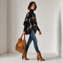 Women's Casual Retro Loose Asymmetric-Hem Navy Plaid Cape Sweater (Inner Layer Not Included) ZMZ3020I0XT