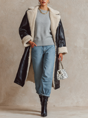 Women's Solid Color Faux Leather Color-blocked Fleece Long Coat ZMZ3042I2XT