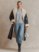 Women's Solid Color Faux Leather Color-blocked Fleece Long Coat ZMZ3042I2XT